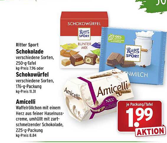 Ritter Sport Schokolade Schokowürfel Oder Amicelli Angebot bei Wasgau