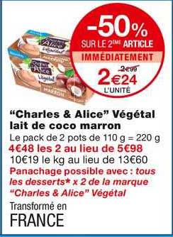 Promo Charles Alice V G Tal Lait De Coco Marron Chez Monoprix