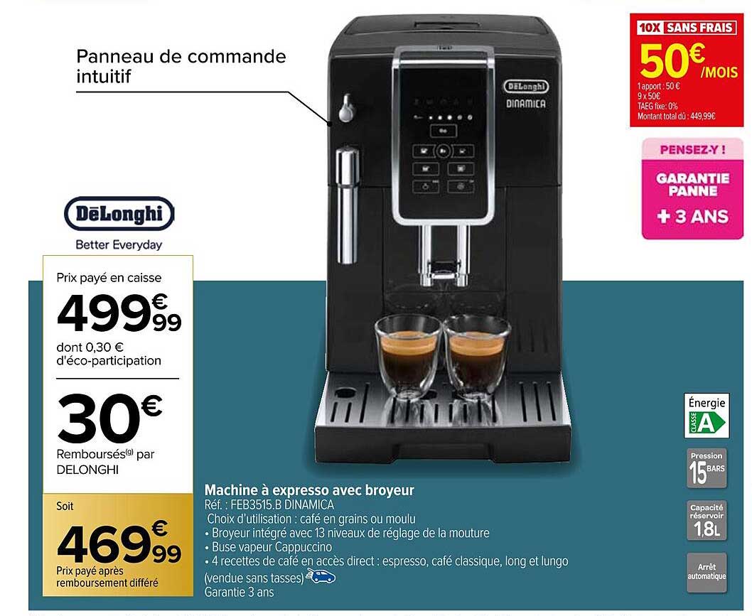 Promo Machine à Expresso Avec Broyeur Dëlonghi chez Carrefour