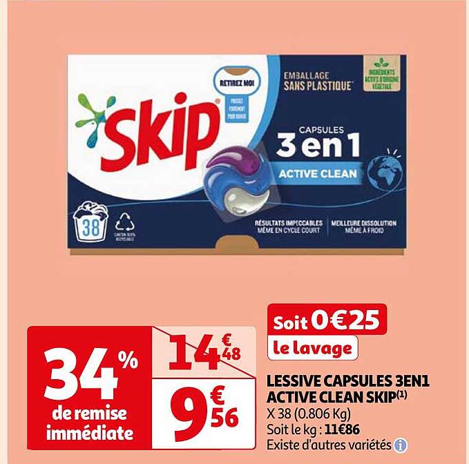 Promo Lessive Capsules 3 En 1 Active Clean Skip Chez Auchan ICatalogue Fr