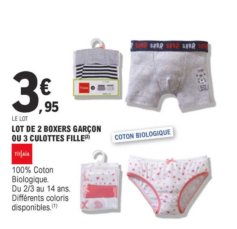 Promo Lot De 2 Boxers Garçon Ou 3 Culottes Fille Tissaia chez E Leclerc