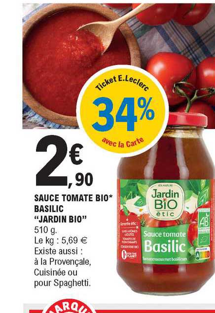 Promo Sauce Tomate Bio Basilic Jardin Bio Chez E Leclerc Icatalogue Fr