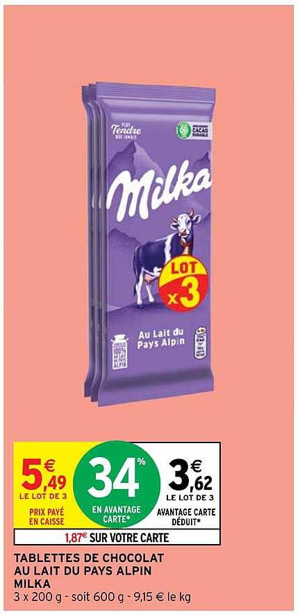 Promo Tablettes De Chocolat Au Lait Du Pays Alpin Milka Chez