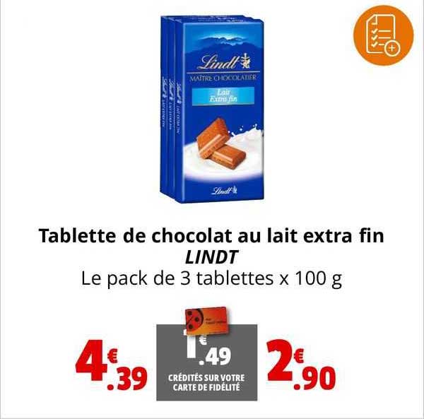 Promo Tablette De Chocolat Au Lait Extra Fin Lindt Chez Coccinelle