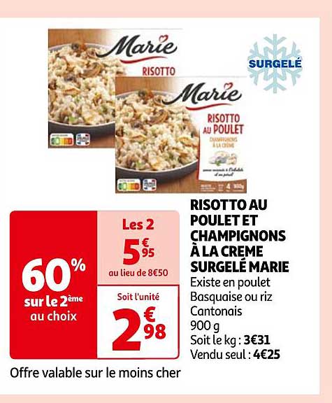 Promo Risotto Au Poulet Et Champignons à La Crème Surgelé Marie chez