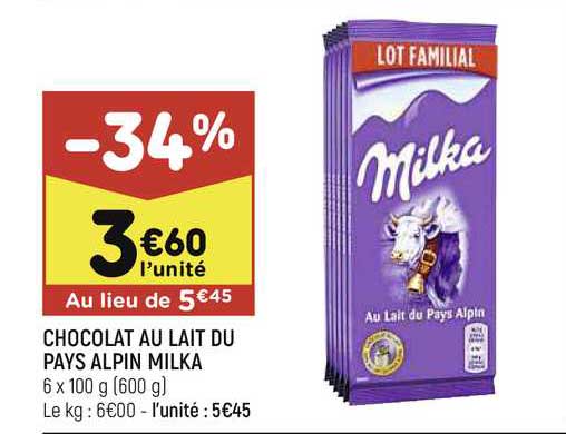 Offre Chocolat Au Lait Du Pays Alpin Milka Chez Leader Price