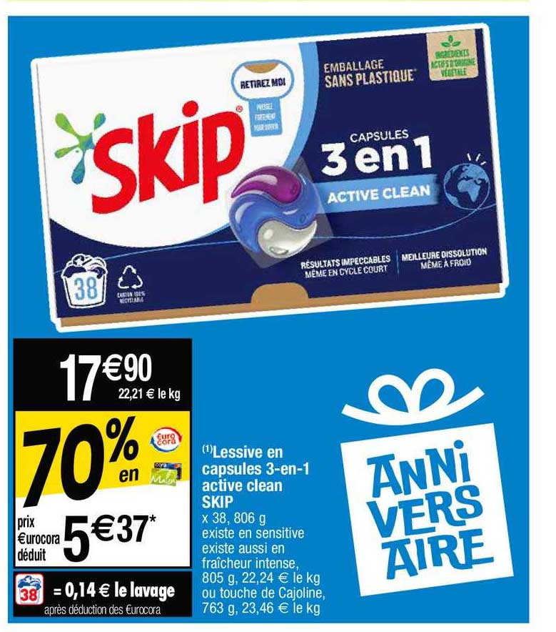 Offre Lessive En Capsules 3 En 1 Active Clean Skip Chez Cora