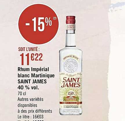 Promo Rhum Impérial Blanc Martinique Saint James 40 Vol chez