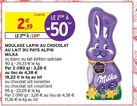 Promo Moulage Lapin Au Chocolat Au Lait Du Pays Alpin Milka Chez