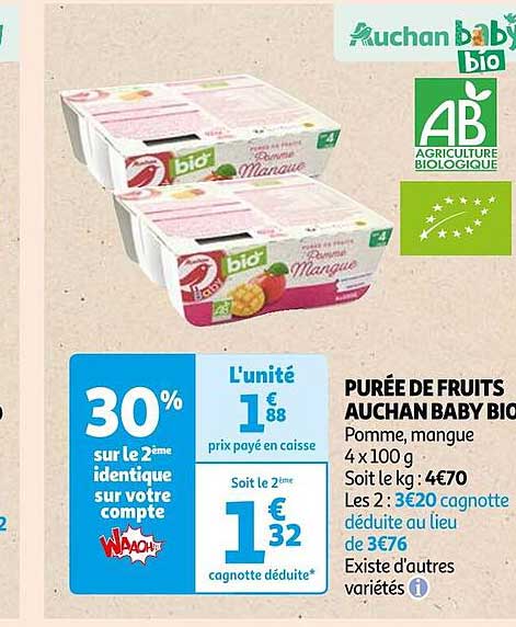 Promo Purée De Fruits Auchan Baby Bio chez Auchan iCatalogue fr