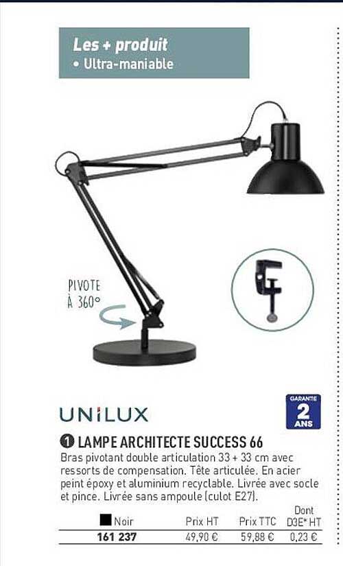 Promo Lampe Architecte Success 66 Unilux Chez Hyperburo