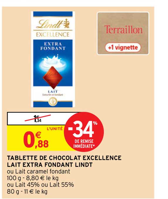 Promo Tablette De Chocolat Excellence Lait Extra Fondant Lindt Chez