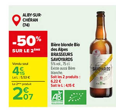 Promo Bière Blonde Bio Des Alpes Brasseurs Savoyards chez Carrefour