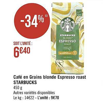 Promo Café En Grains Blonde Espresso Roast Starbucks chez Géant