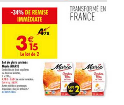 Promo Lot De Plats Cuisin S Marie De Remise Imm Diate Chez