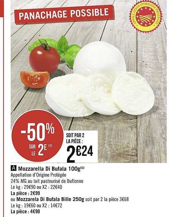 Promo Mozzarella Di Bufala 100g 50 Sur Le 2e chez Géant