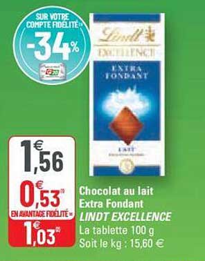 Promo Chocolat Au Lait Extra Fondant Lindt Excellence Chez G20