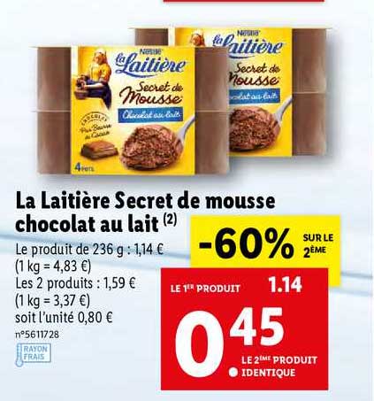 Offre La Laiti Re Secret De Mousse Chocolat Au Lait Chez Lidl