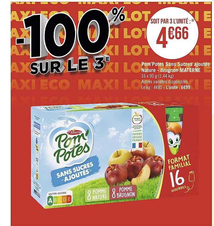 Offre Pom potes Sans Sucres Ajoutés Nature Brugnon Materne chez