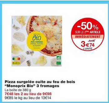 Promo Pizza Surgelée Cuite Au Feu De Bois Monoprix Bio 3 Fromages chez