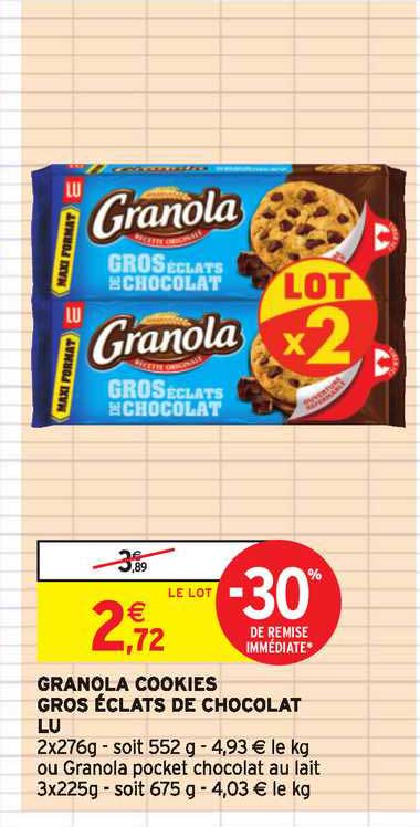 Promo Granola Cookies Gros éclats De Chocolat Lu 30 De Remise