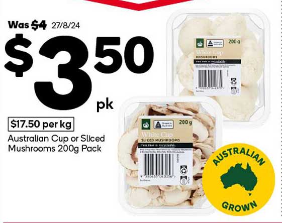 Australian Cup or Sliced Mushrooms 200g Pack