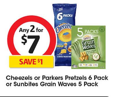 Cheezels or Parkers Pretzels 6 Pack or Sunbites Grain Waves 5 Pack