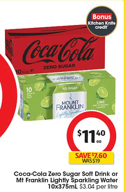 Coca-Cola Zero Sugar Soft Drink or Mt Franklin Lightly Sparkling Water