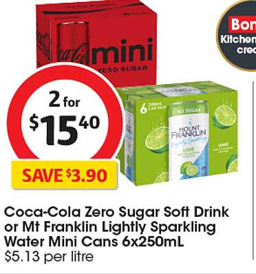 Coca-Cola Zero Sugar Soft Drink or Mt Franklin Lightly Sparkling Water Mini Cans