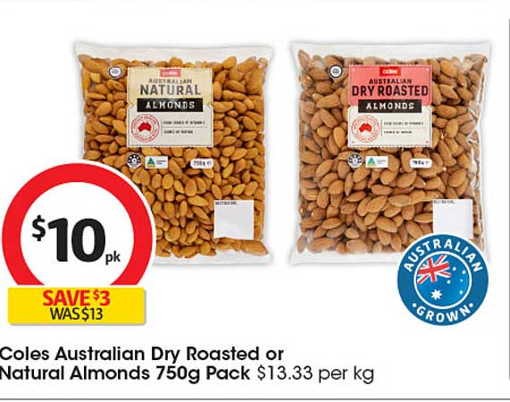 Coles Australian Dry Roasted or Natural Almonds 750g Pack