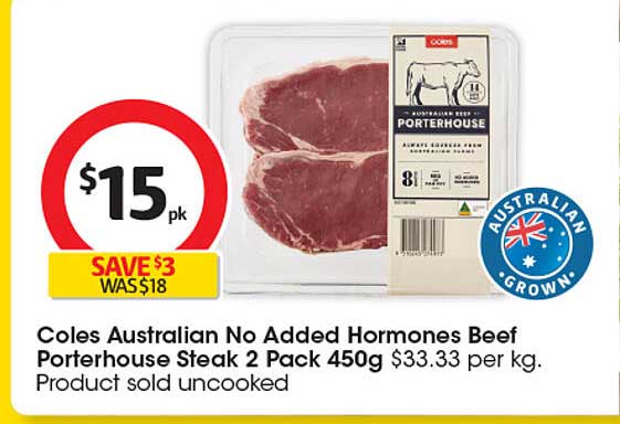 Coles Australian No Added Hormones Beef Porterhouse Steak 2 Pack