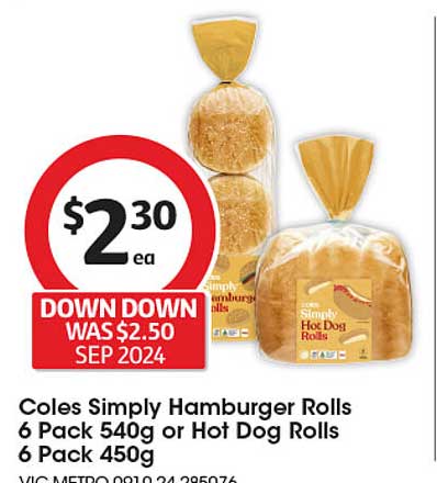 Coles Simply Hamburger Rolls 6 Pack 540g or Hot Dog Rolls 6 Pack 450g