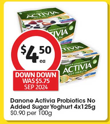 Danone Activia Probiotics No Added Sugar Yoghurt 4x125g