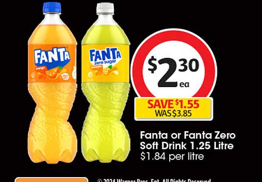 Fanta or Fanta Zero Soft Drink 1.25 Litre