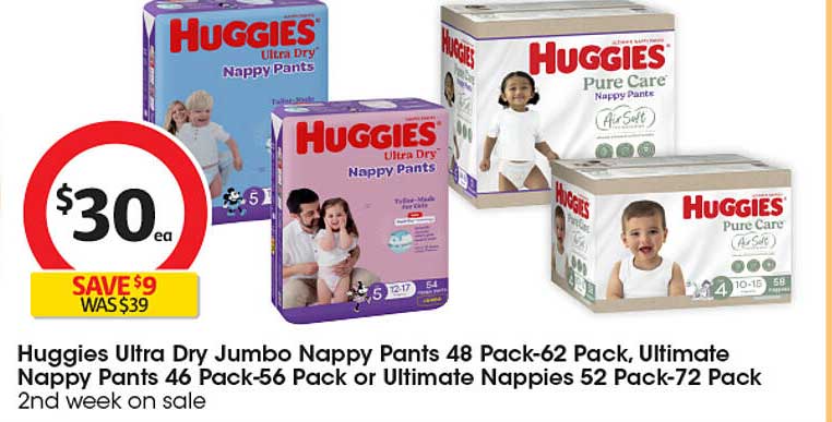 Huggies Ultra Dry Jumbo Nappy Pants 48 Pack-62 Pack, Ultimate Nappy Pants 46 Pack-56 Pack or Ultimate Nappies 52 Pack-72 Pack