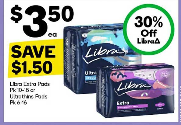 Libra Extra Pads Pk 10-18 or Ultrathins Pads Pk 6-16