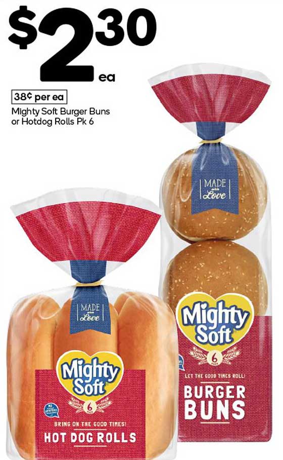 Mighty Soft Burger Buns or Hotdog Rolls Pk 6