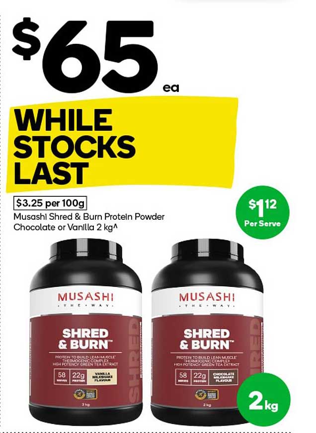 Musashi Shred & Burn Protein Powder Chocolate or Vanilla 2 kg