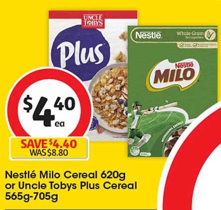 Nestlé Milo Cereal or Uncle Tobys Plus Cereal