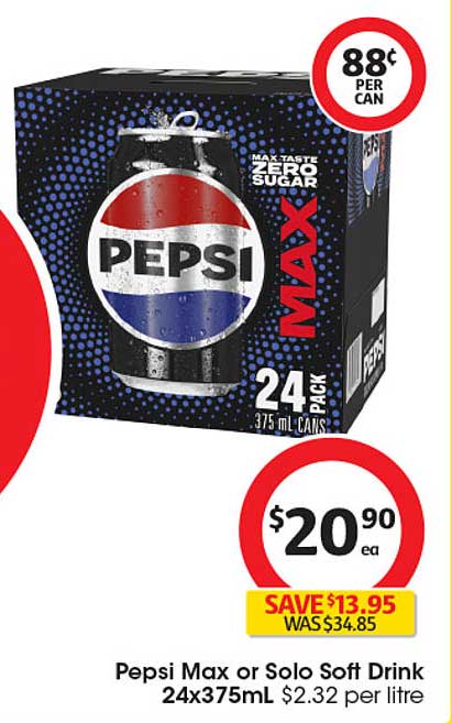 Pepsi Max or Solo Soft Drink 24x375mL