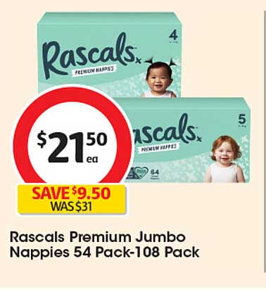 Rascals Premium Jumbo Nappies 54 Pack-108 Pack