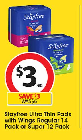 Stayfree Ultra Thin Pads with Wings Regular 14 Pack or Super 12 Pack