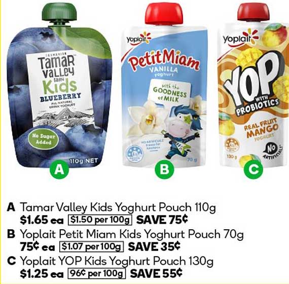 Tamar Valley Kids Yoghurt Pouch  
Yoplait Petit Miam Kids Yoghurt Pouch  
Yoplait YOP Kids Yoghurt Pouch