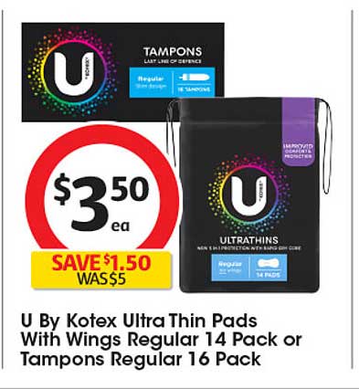 U By Kotex Ultra Thin Pads With Wings Regular 14 Pack or Tampons Regular 16 Pack