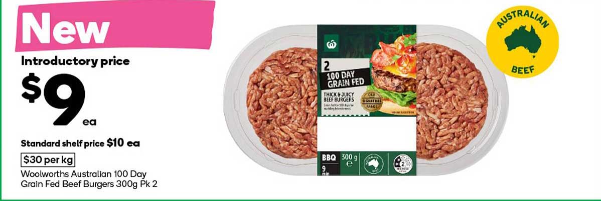 Woolworths Australian 100 Day Grain Fed Beef Burgers 300g Pk 2