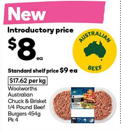 Woolworths Australian Chuck & Brisket 1/4 Pound Beef Burgers