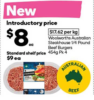 Woolworths Australian Steakhouse 1/4 Pound Beef Burgers