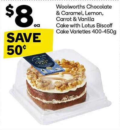 Woolworths Chocolate & Caramel, Lemon, Carrot & Vanilla Cake with Lotus Biscoff Cake Varieties