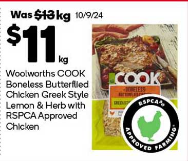 Woolworths COOK Boneless Butterflied Chicken Greek Style Lemon & Herb with RSPCA Approved Chicken