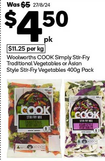 Woolworths COOK Simply Stir-Fry Traditional Vegetables or Asian Style Stir-Fry Vegetables 400g Pack